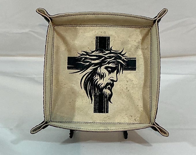 Embroidered Catchall Tray: Jesus, Cross, Crown of Thorns - Cork & Faux Leather Travel Organizer