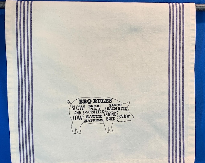 Kitchen Towel – Pig - BBQ Rules-Grill Master Embroidered Towel, Back Hanging Tab-Dish Towel, Pig Lover, Pig, King Grill Master Towel