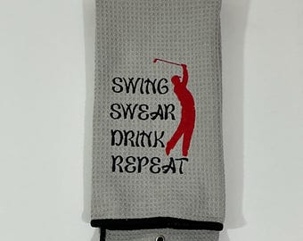 Embroidered Golf Bag Accessory - Swing Swear Drink Repeat, Light Gray Sports Gift Towel, Tri-Fold Microfiber Golf Sports Towel, Golfer Gift