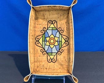 Stained Glass Daffodil Valet Tray-Medium - 5x8 Snapped - Rustic Yellow Portuguese Cork with Black Faux Leather-Catchall Tray