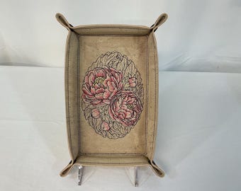 Large Embroidered Large Peonies Cork Valet Tray, Flower Travel Catchall, Boho Home Decor, Travel and Desk Organizer, Dice Tray