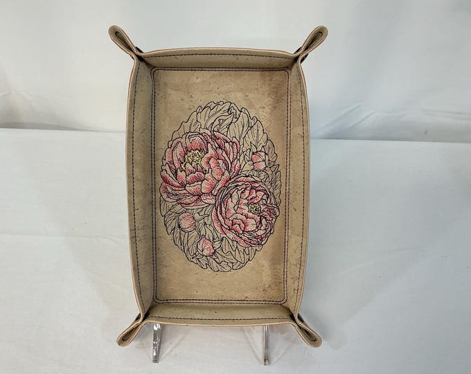 Large Embroidered Large Peonies Cork Valet Tray, Flower Travel Catchall, Boho Home Decor, Travel and Desk Organizer, Dice Tray