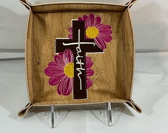 Floral Cross Travel Organizer - Large 6x6 Embroidered Faith Design in Portuguese Natural Cork and Gold Tonal Faux Leather