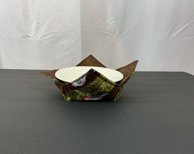 Medium Red Headed Woodpecker Microwave Bowl Cozy-6"-Bottom, 9" Top Diameter-Microwavable Safe; College Dorm Cozy-Bird Lover-Hot Bowl Pad
