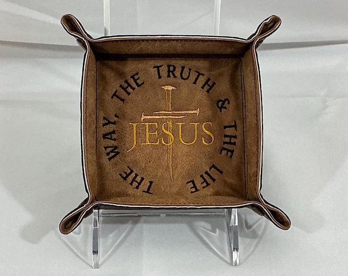 Small Embroidered Religious Travel Organizer: 'The Way, The Truth & The Life' Cross with Jesus - Brown Cork and Faux Leather Design
