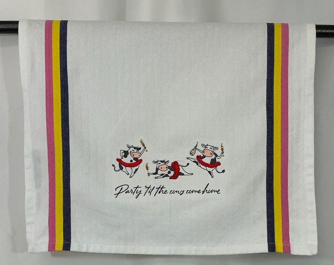 Kitchen Towel - Cows - Party Til The Cows Come Home Embroidered Towel, 28x18 W/Back Hanging Tab, Party Time