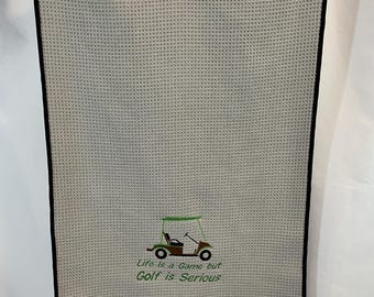 Golf Bag Towel Life is a Game but Golf Is Serious; Gray Towel Tri-Fold Microfiber Sports Towel Carabineer-3 Metal Grommets-Golf Accessory