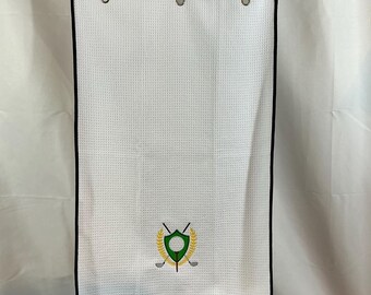 Golf Crest Embroidered Golf Bag Towel: White Microfiber-Tri-fold-Gag Gift-Sports Towel