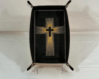 Religious Medium String Art Cross Tray - Stylish Jewelry or Desk Organizer; Essential Travel Accessory which Lays Flat in Your Suitcase