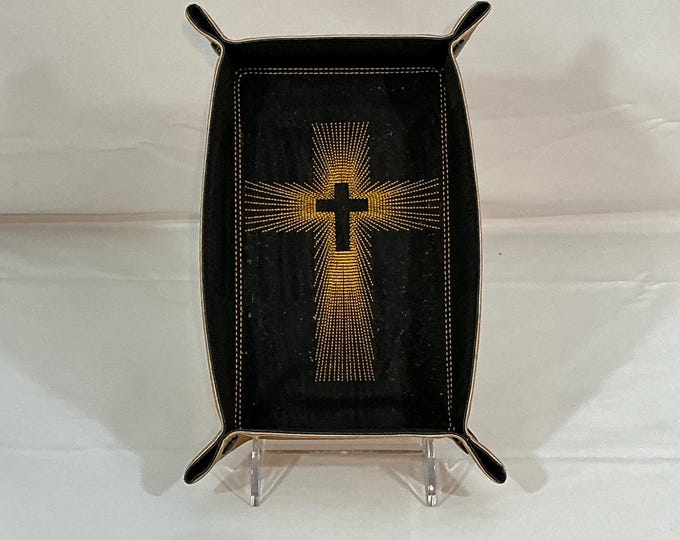 Embroidered String Art Cross Catchall Valet Tray with Snap Closures - Faith Inspired Design - Lays Flat in Suitcase