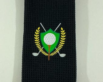 Golf Crest Embroidered Golf Bag Towel: Black Microfiber-Tri-fold-Gag Gift-Sports Towel