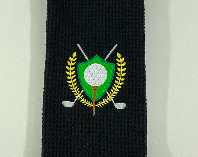 Golf Crest Embroidered Golf Bag Towel: Black Microfiber-Tri-fold-Gag Gift-Sports Towel