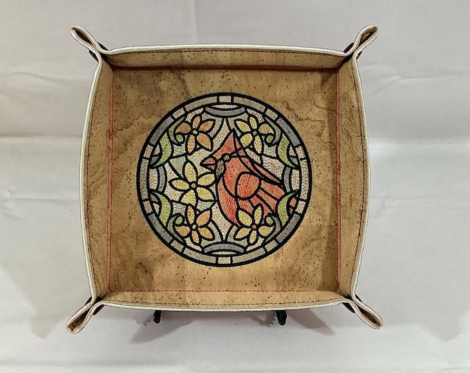 Embroidered Cardinal Catchall Tray: Stained Glass Style, Cork & Faux Leather