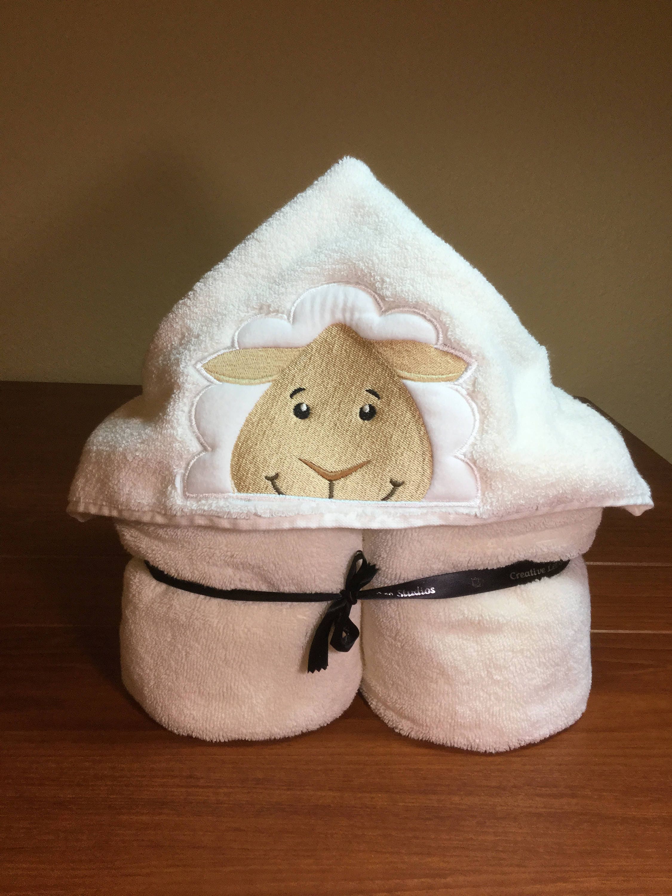 Child's Hooded Towel Lamb Applique with Plush Cream Towel 53 x 29