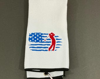 Patriotic White Golf Towel - Embroidered American Golfer Design | Accessory for Golf Bags with Carabineer