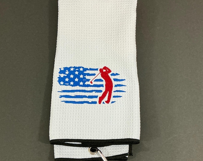 Patriotic White Golf Towel - Embroidered American Golfer Design | Accessory for Golf Bags with Carabineer