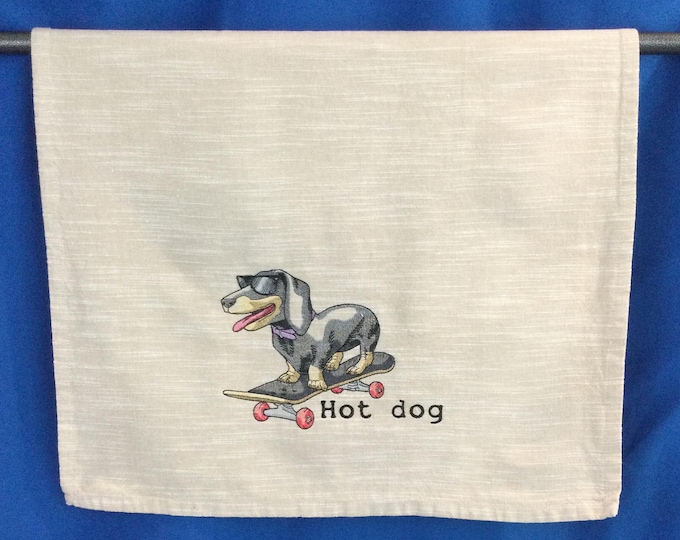 Embroidered Hot Dog Dachshund Kitchen Towel: Dog Lover Gift, 100% Cotton