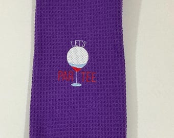 Golf Bag Towel-Let's Par Tee - Purple Tri-Fold Soft Microfiber Sports Towel including Carabineer-3 Metal Grommetts-16" x 24" Waffle Pattern