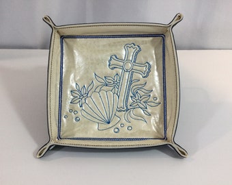 Large Cross Shell Design Snap Catchall Tray-Snapped 6"x6" Sq White Pearl & Navy Faux Leathers, Travel Tray-Lays Flat in Suitcase-Religious
