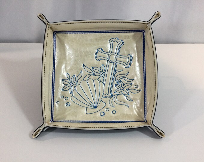 Large Cross and Shell Design Snap Catchall Tray-Snapped 6"x6" Sq White Pearl & Navy Faux Leathers, Travel Tray Lays Flat in Your Suitcase