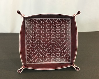 Hearts Design Catchall Snap Tray-Snapped 6"x6" Square Large-Maroon & White Faux Leathers Valet Travel Tray-Lays Flat in Your Suitcase