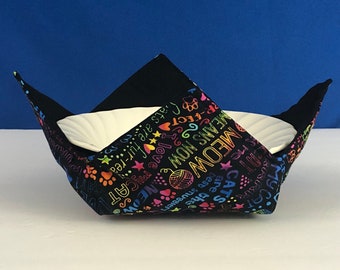 Microwave Bowl Cozy - Bright Cat Words, Medium - 6'' Bottom Diameter, Reversible, Free Shipping