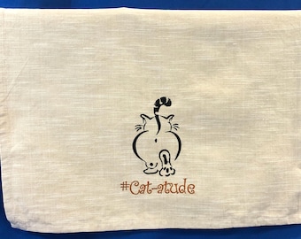 Kitchen Towel - Cat Towel - #Cat-atude, Funny Image; Funny Saying-Towel-Dish Towel-Gift Towel-Back Hanging Tab-Cat Lover Towel