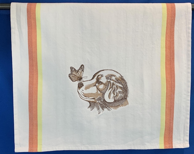 Beautiful Butterfly Monarch and Puppy Design on Large 100% Cotton Dish Towel with Back Hanging Tab