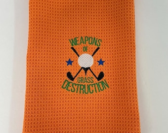 Humorous Golf Towel - Orange Weapons of Grass Destruction - Ideal Golf Accessories Gift