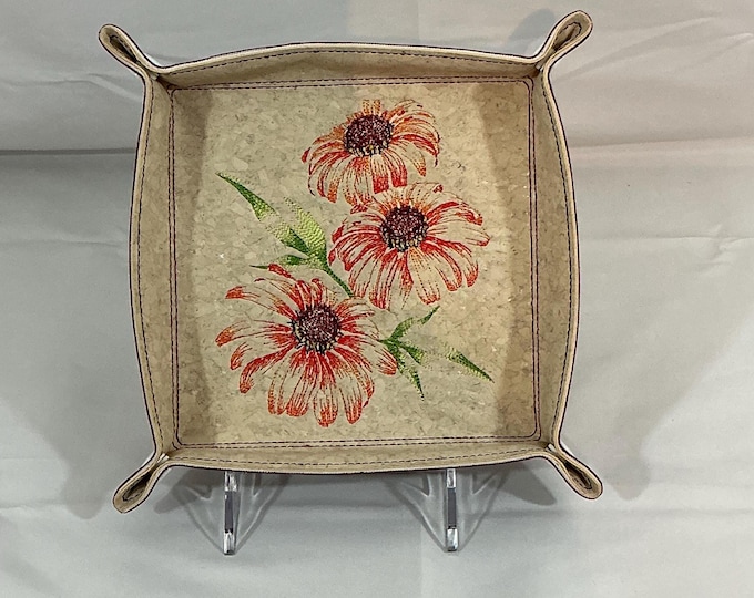 Chic Cone Flower Catchall Tray: Large 6x6 Square Design in White Cork Portuguese & Wine Faux Leather