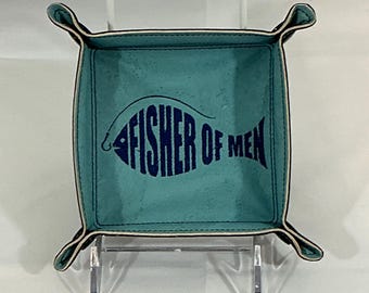 Handmade Small Fisher of Men Catchall Tray: Blue Cork & Navy Faux Leather Religious Travel Organizer