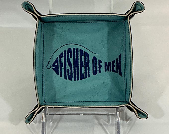 Handmade Fisher of Men Catchall Valet Tray - Portuguese Blue Cork and Navy Faux Leather 4" x 4" Religious Snapped Organizer