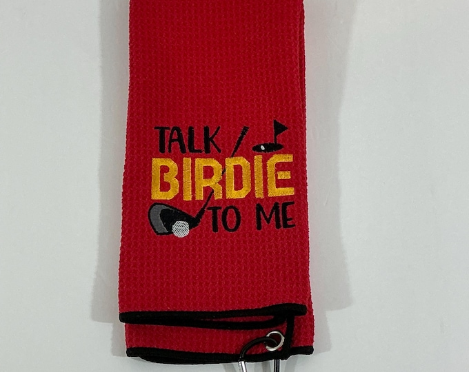 Red Soft Microfiber Golf Bag Towel - Talk Birdie To Me Design with Carabineer - 16x24 Waffle Texture