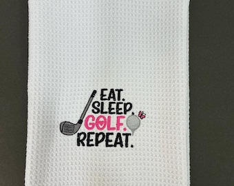 Golf Accessories for Her - Eat Sleep Golf Repeat Towel with Carabiner, Ideal Gift for Women Golfers