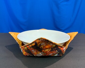 Fall Gnomes Microwave Bowl Cozy-Gnomes with Pumpkins & Leaves, Large Gnome Bowl Holder; Leftover Bowl Hot Pad, College Dorm Hot Pad-Gnome