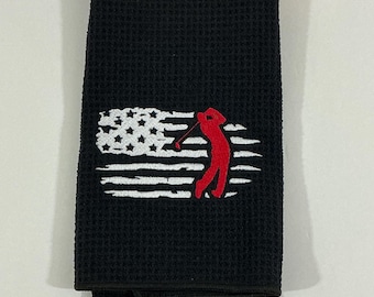 Patriotic Black Golf Towel - Embroidered American Golfer Design | Accessory for Golf Bags with Carabineer