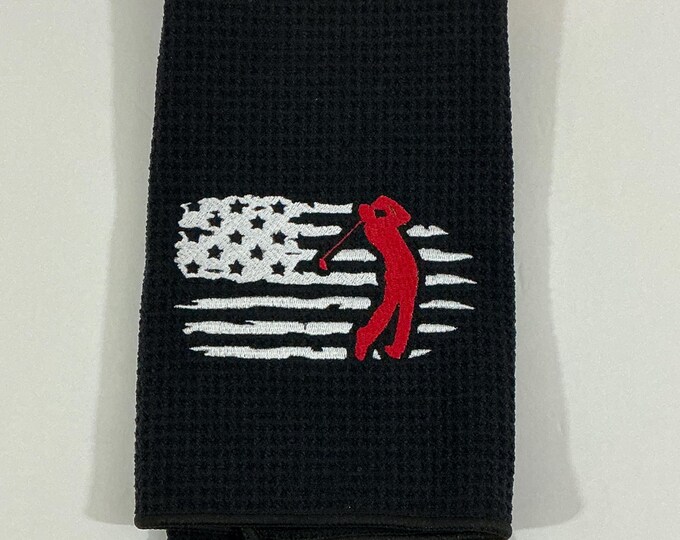 Patriotic Black Golf Towel - Embroidered American Golfer Design | Accessory for Golf Bags with Carabineer