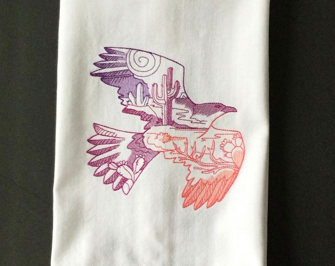 Kitchen Towel - Desert Scene Hawk, 28” x 20” FREE SHIPPING, Embroidered Towel, Back Hanging Tab