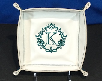 Personalized Large Snap Catchall Tray-Letter K Damask Design, Snapped 6x6 Sq-Faux White & Safari Teal Leathers-Lays Flat in Suitcase