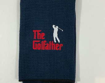 Keep it Teed Up with The Golfather Embroidered Towel-Navy Blue, Trifold with Clip-Golf Enthusiast-Gift for Dad-Sports Towel-Golf Accessory