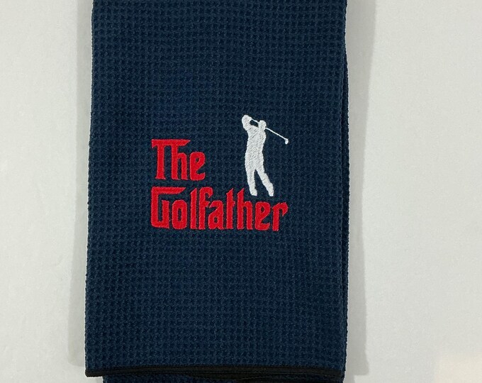 Keep it Teed Up with The Golfather Embroidered Towel-Navy Blue, Trifold with Clip-Golf Enthusiast-Gift for Dad-Sports Towel-Golf Accessory
