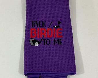 Talk Birdie To Me Golf Bag Towel - Purple Tri-Fold Soft Microfiber Sports Towel including Carabineer-3 Metal Grommets-Waffle Pattern