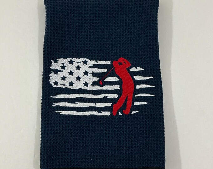 American Golfer Embroidered Golf Towel-Navy Blue-Golf Accessory-Tri-Fold Sports Towel w/Carabineer-Sports Gift Towel-Patriotic-Golf Bag