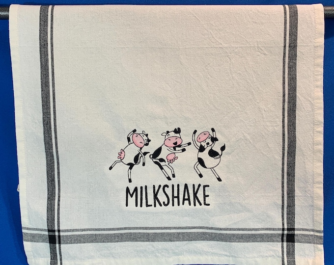 Cow Lover Gift: Kitchen Towel with Milkshake Cows Embroidery Design - Premium Retro Dish Towel