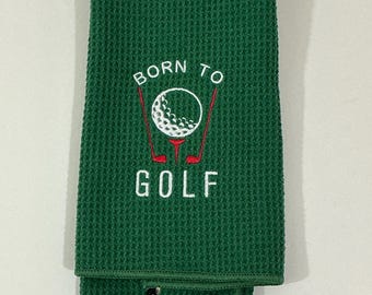 Golf Bag Towel-Born to Golf Embroidered Towel-Kelly Green Microfiber Waffle Pattern Sports Towel-Tri-fold  Carabiner 16"x24", Golf Accessory