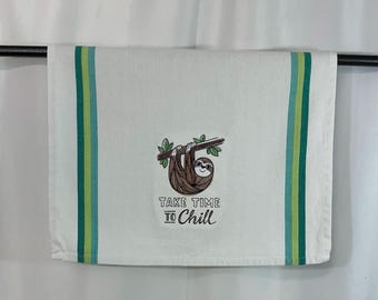 Funny Embroidered Sloth Kitchen Towel: 'Take Time to Chill' - Perfect Gag Gift & Home Decor