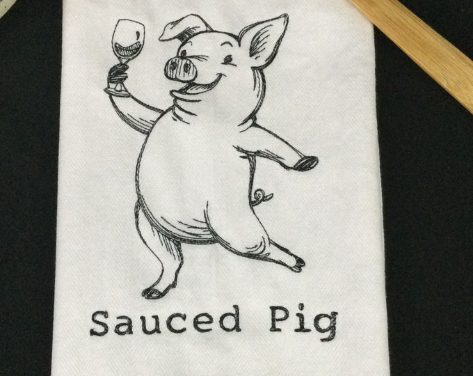 Kitchen Towel – Sauced Pig,  28'' X 20'', FREE SHIPPING, Embroidered Towel, Back Hanging Tab - IPFG-000582