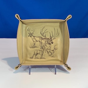 Deer Sketch Faux Leather Travel Catchall Tray: Beige & Brown, 6&quot; Square, Hunters Gift