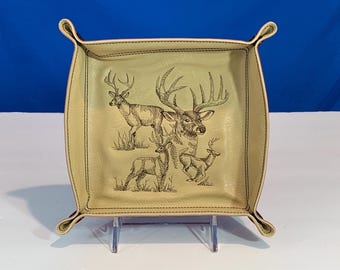 Deer Sketch Snap Catchall Tray-Large Travel Valet Tray-Faux Leather Catchall Tray, Beige & Brown, Snapped 6"x6" Square, Lays Flat for Travel