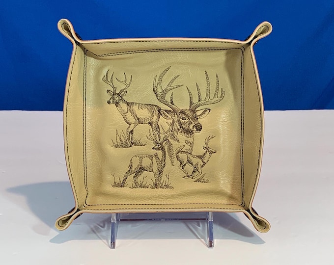 Deer Sketch Snap Catchall Tray-Large Travel Valet Tray-Faux Leather Catchall Tray, Beige & Brown, Snapped 6"x6" Square, Lays Flat for Travel
